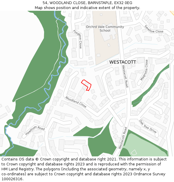 54, WOODLAND CLOSE, BARNSTAPLE, EX32 0EG: Location map and indicative extent of plot