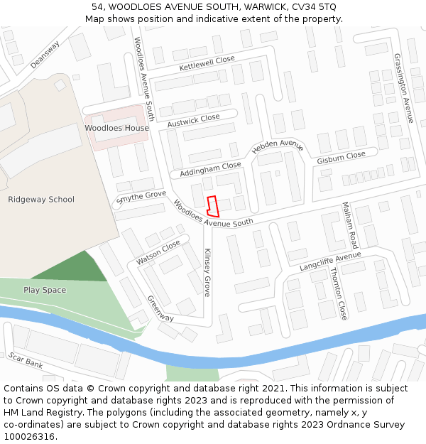 54, WOODLOES AVENUE SOUTH, WARWICK, CV34 5TQ: Location map and indicative extent of plot