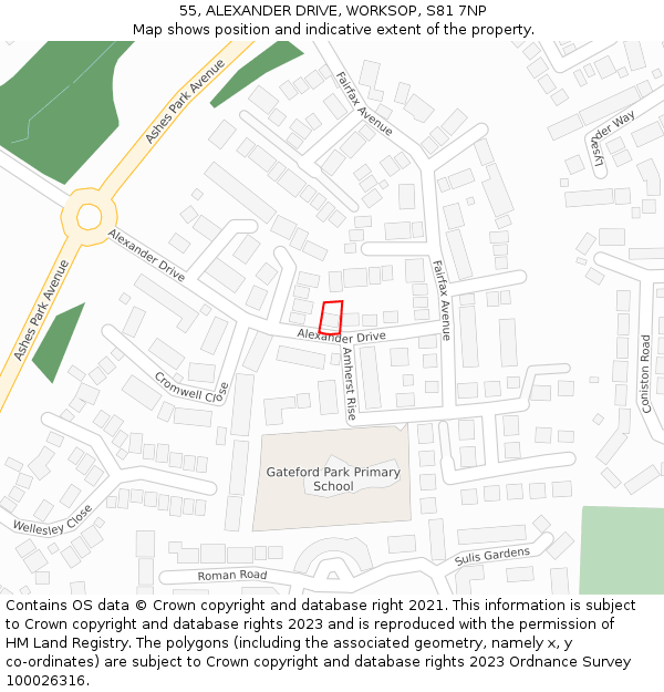 55, ALEXANDER DRIVE, WORKSOP, S81 7NP: Location map and indicative extent of plot
