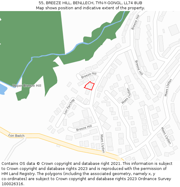 55, BREEZE HILL, BENLLECH, TYN-Y-GONGL, LL74 8UB: Location map and indicative extent of plot