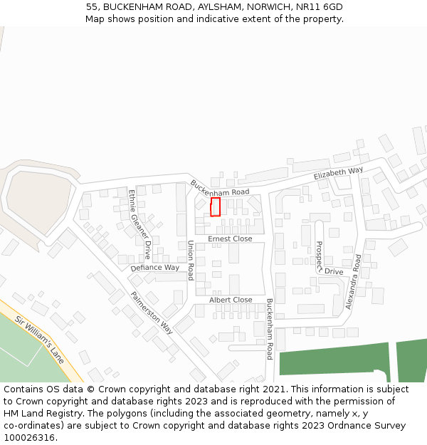 55, BUCKENHAM ROAD, AYLSHAM, NORWICH, NR11 6GD: Location map and indicative extent of plot