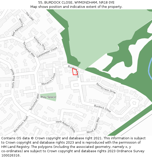 55, BURDOCK CLOSE, WYMONDHAM, NR18 0YE: Location map and indicative extent of plot