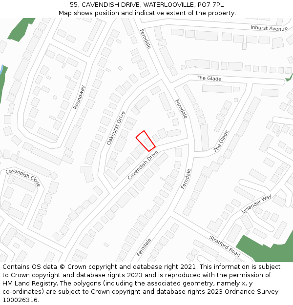 55, CAVENDISH DRIVE, WATERLOOVILLE, PO7 7PL: Location map and indicative extent of plot