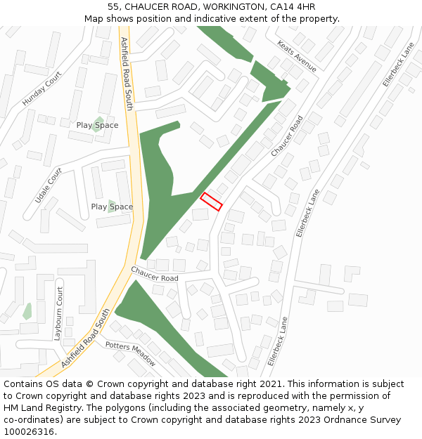 55, CHAUCER ROAD, WORKINGTON, CA14 4HR: Location map and indicative extent of plot