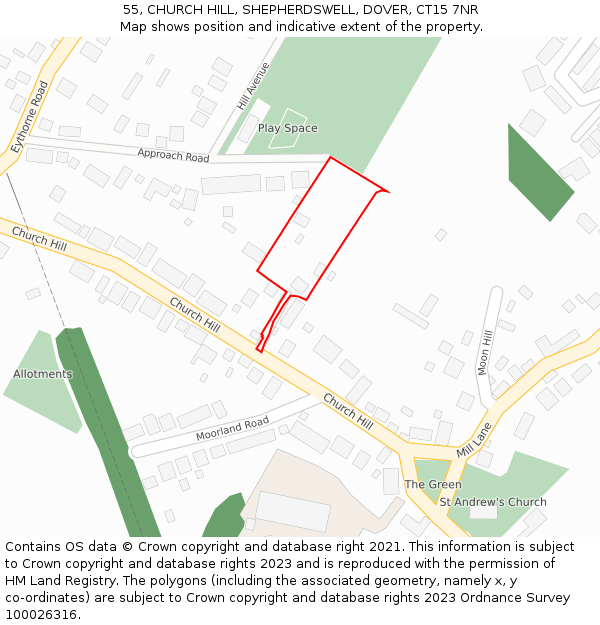 55, CHURCH HILL, SHEPHERDSWELL, DOVER, CT15 7NR: Location map and indicative extent of plot