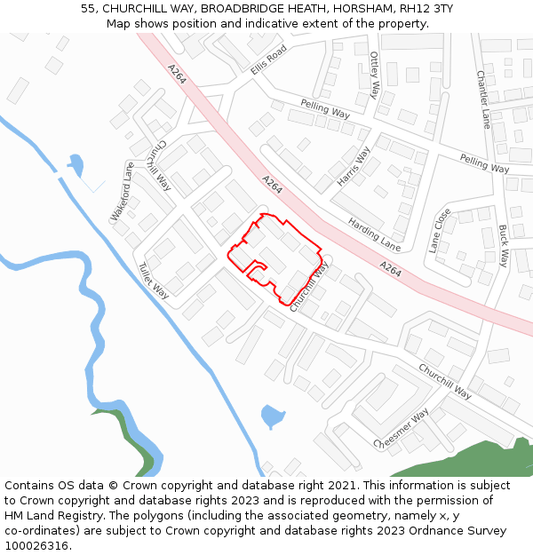 55, CHURCHILL WAY, BROADBRIDGE HEATH, HORSHAM, RH12 3TY: Location map and indicative extent of plot