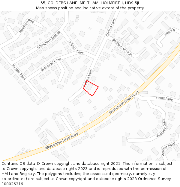 55, COLDERS LANE, MELTHAM, HOLMFIRTH, HD9 5JL: Location map and indicative extent of plot