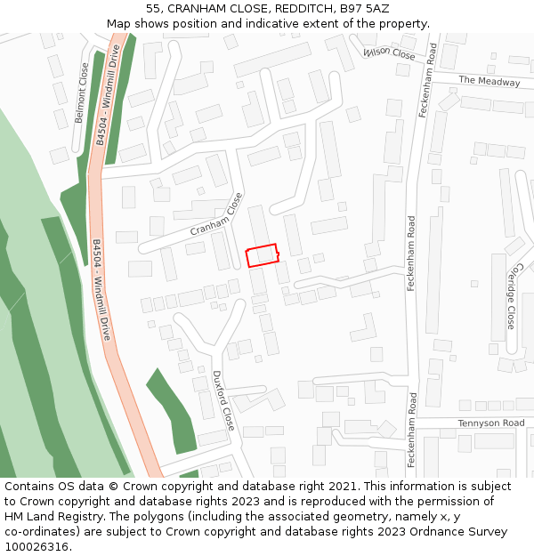 55, CRANHAM CLOSE, REDDITCH, B97 5AZ: Location map and indicative extent of plot