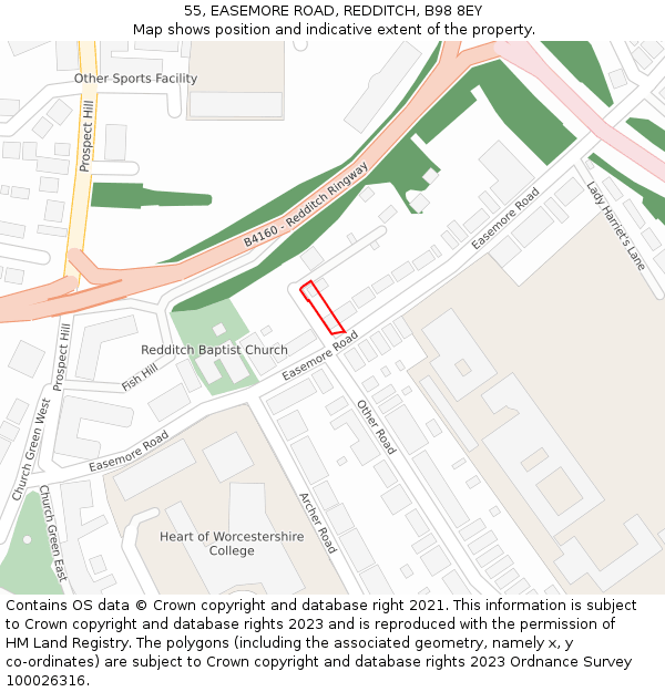 55, EASEMORE ROAD, REDDITCH, B98 8EY: Location map and indicative extent of plot