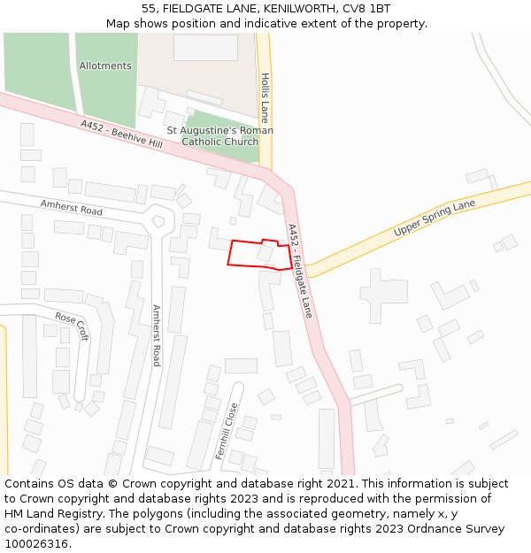 55, FIELDGATE LANE, KENILWORTH, CV8 1BT: Location map and indicative extent of plot