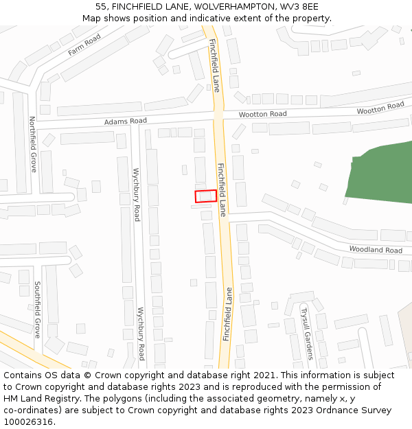 55, FINCHFIELD LANE, WOLVERHAMPTON, WV3 8EE: Location map and indicative extent of plot