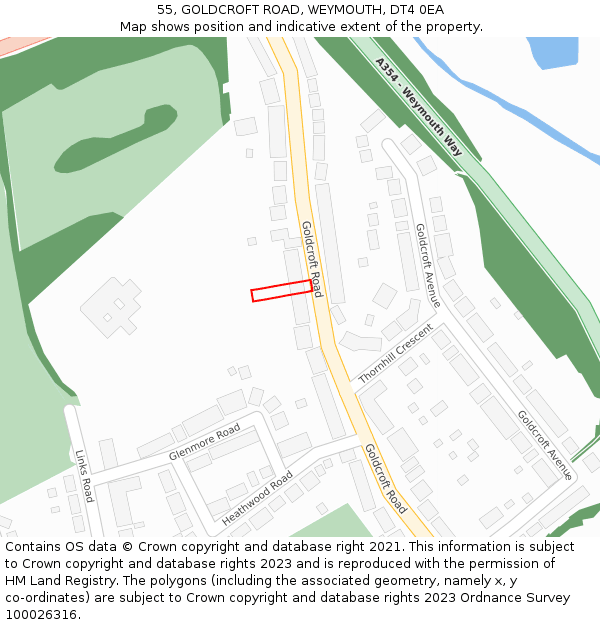 55, GOLDCROFT ROAD, WEYMOUTH, DT4 0EA: Location map and indicative extent of plot