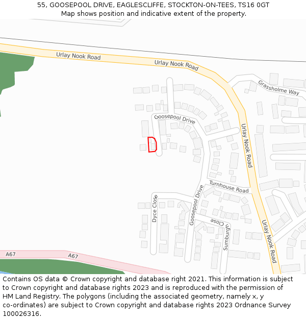 55, GOOSEPOOL DRIVE, EAGLESCLIFFE, STOCKTON-ON-TEES, TS16 0GT: Location map and indicative extent of plot