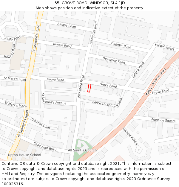 55, GROVE ROAD, WINDSOR, SL4 1JD: Location map and indicative extent of plot