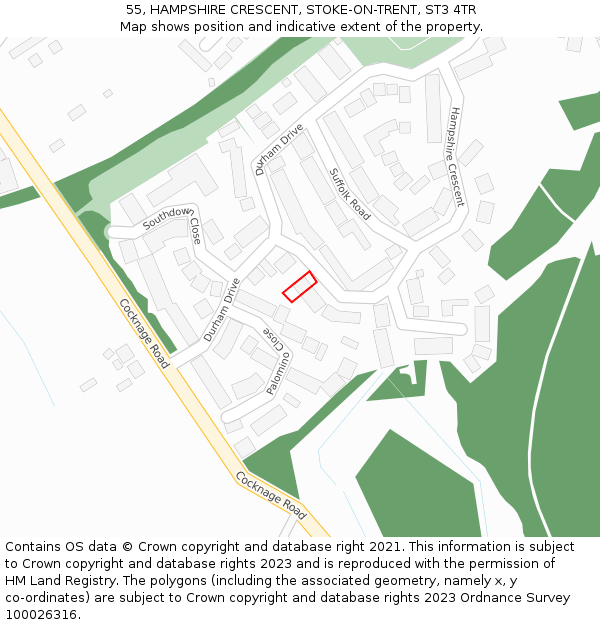 55, HAMPSHIRE CRESCENT, STOKE-ON-TRENT, ST3 4TR: Location map and indicative extent of plot