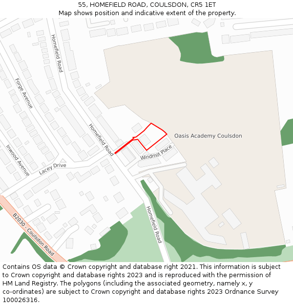 55, HOMEFIELD ROAD, COULSDON, CR5 1ET: Location map and indicative extent of plot
