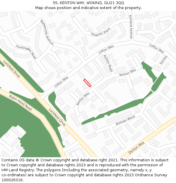 55, KENTON WAY, WOKING, GU21 3QQ: Location map and indicative extent of plot