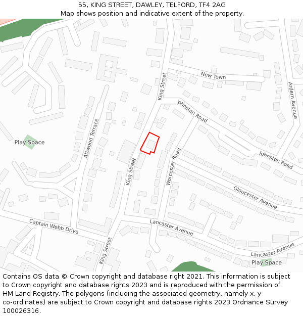 55, KING STREET, DAWLEY, TELFORD, TF4 2AG: Location map and indicative extent of plot