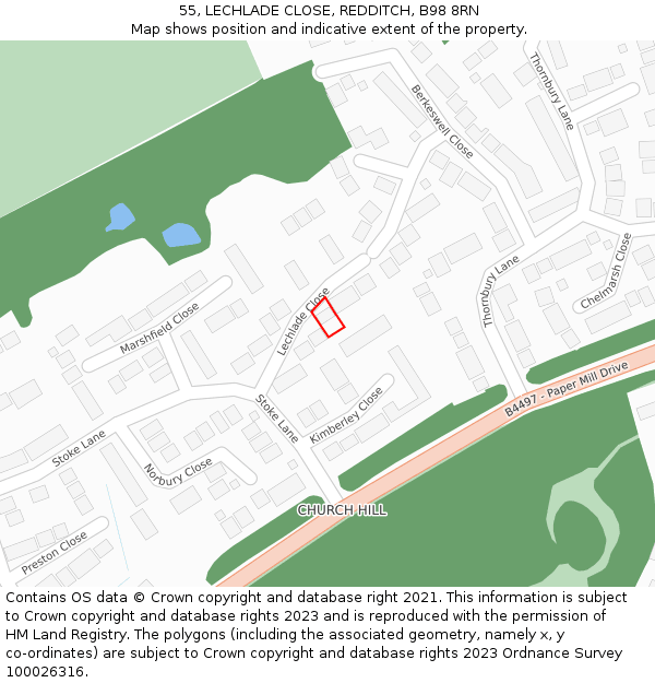 55, LECHLADE CLOSE, REDDITCH, B98 8RN: Location map and indicative extent of plot