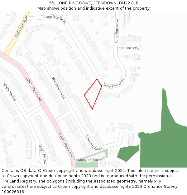 55, LONE PINE DRIVE, FERNDOWN, BH22 8LR: Location map and indicative extent of plot