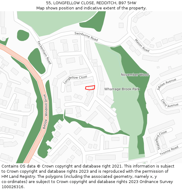 55, LONGFELLOW CLOSE, REDDITCH, B97 5HW: Location map and indicative extent of plot