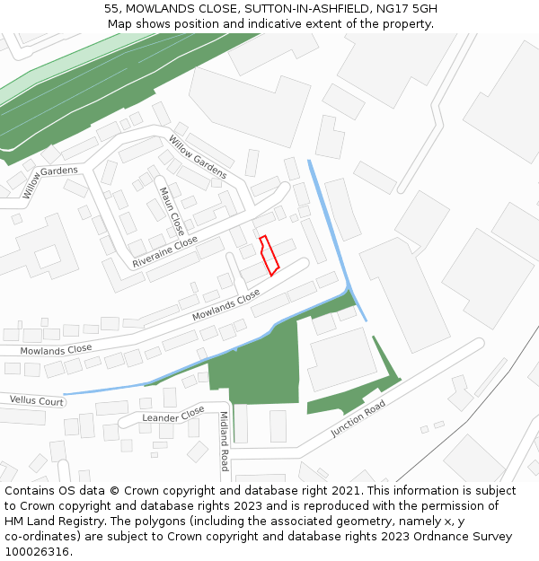 55, MOWLANDS CLOSE, SUTTON-IN-ASHFIELD, NG17 5GH: Location map and indicative extent of plot