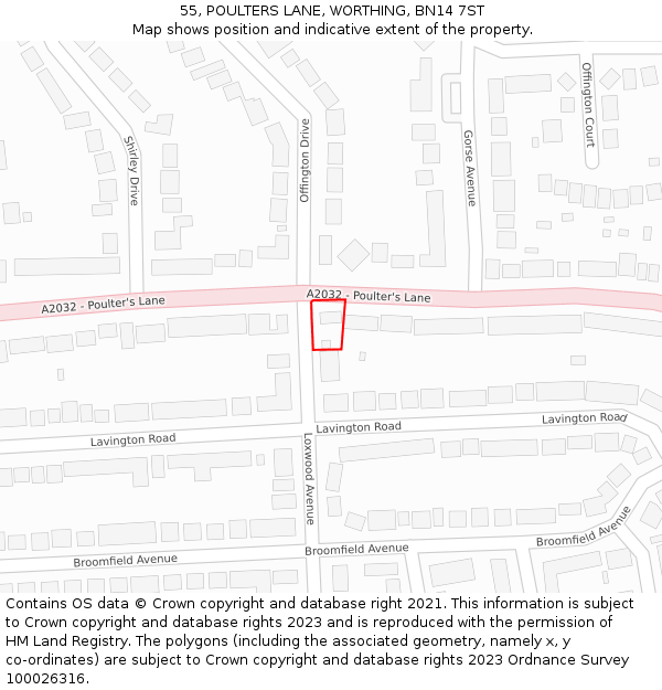 55, POULTERS LANE, WORTHING, BN14 7ST: Location map and indicative extent of plot