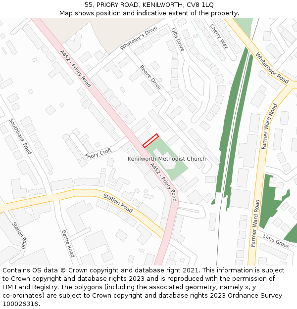 55, PRIORY ROAD, KENILWORTH, CV8 1LQ: Location map and indicative extent of plot