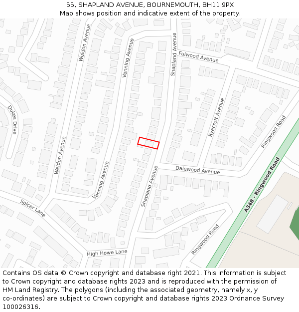 55, SHAPLAND AVENUE, BOURNEMOUTH, BH11 9PX: Location map and indicative extent of plot
