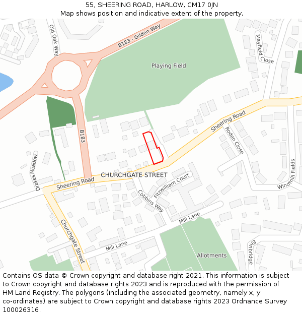 55, SHEERING ROAD, HARLOW, CM17 0JN: Location map and indicative extent of plot