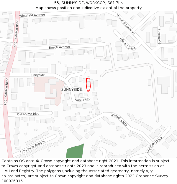 55, SUNNYSIDE, WORKSOP, S81 7LN: Location map and indicative extent of plot