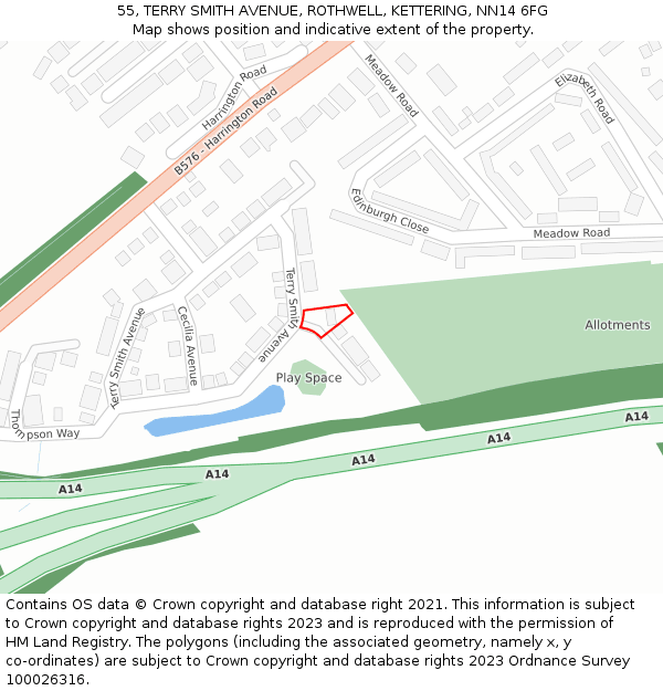 55, TERRY SMITH AVENUE, ROTHWELL, KETTERING, NN14 6FG: Location map and indicative extent of plot