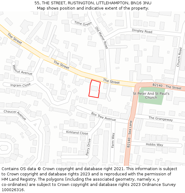 55, THE STREET, RUSTINGTON, LITTLEHAMPTON, BN16 3NU: Location map and indicative extent of plot
