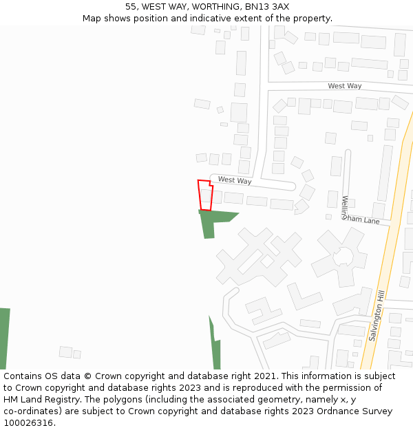 55, WEST WAY, WORTHING, BN13 3AX: Location map and indicative extent of plot