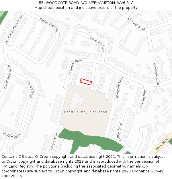 55, WOODCOTE ROAD, WOLVERHAMPTON, WV6 8LG: Location map and indicative extent of plot