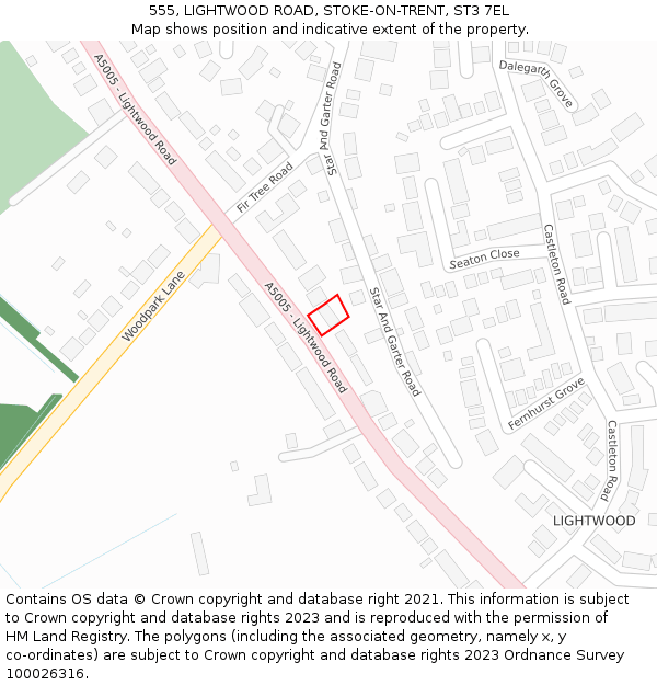 555, LIGHTWOOD ROAD, STOKE-ON-TRENT, ST3 7EL: Location map and indicative extent of plot
