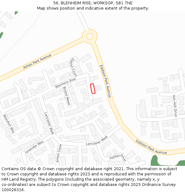 56, BLENHEIM RISE, WORKSOP, S81 7NE: Location map and indicative extent of plot