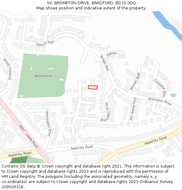 56, BROMPTON DRIVE, BRADFORD, BD10 0DQ: Location map and indicative extent of plot