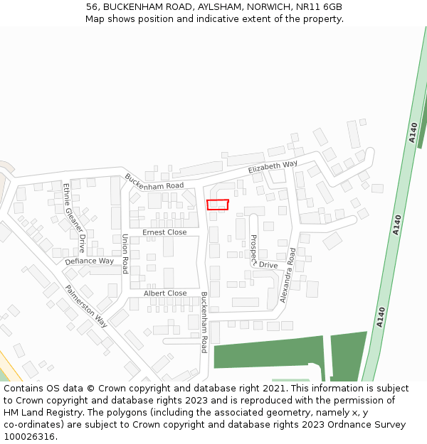 56, BUCKENHAM ROAD, AYLSHAM, NORWICH, NR11 6GB: Location map and indicative extent of plot