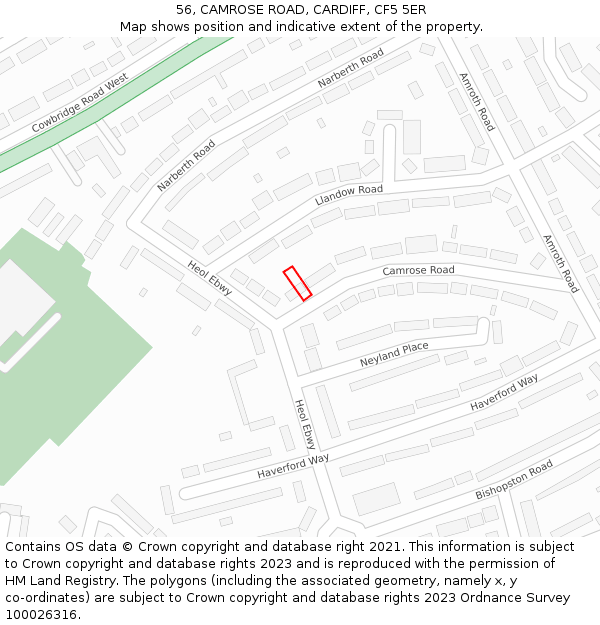 56, CAMROSE ROAD, CARDIFF, CF5 5ER: Location map and indicative extent of plot