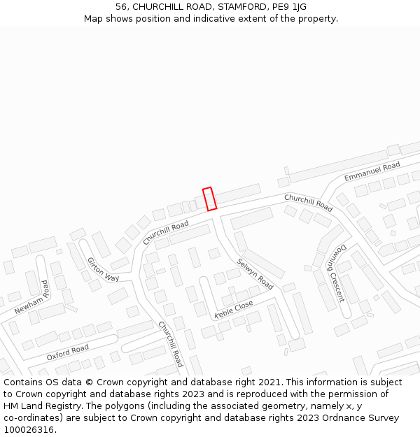 56, CHURCHILL ROAD, STAMFORD, PE9 1JG: Location map and indicative extent of plot