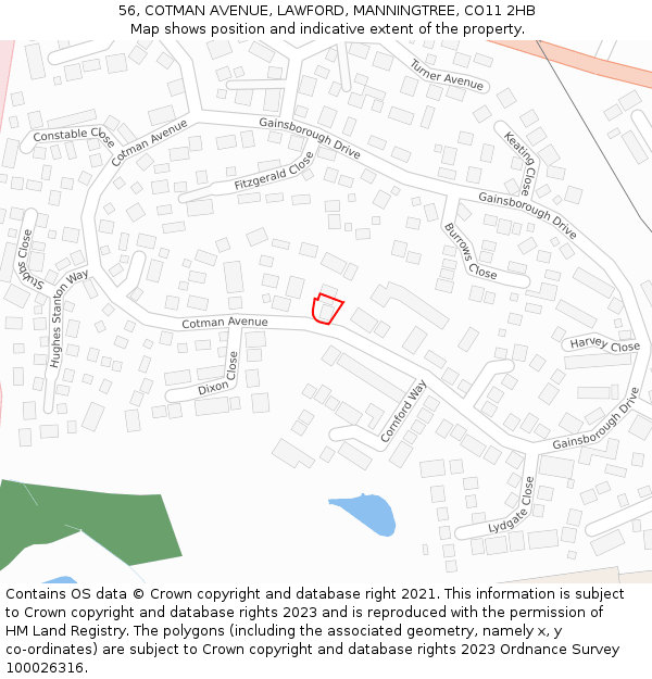 56, COTMAN AVENUE, LAWFORD, MANNINGTREE, CO11 2HB: Location map and indicative extent of plot