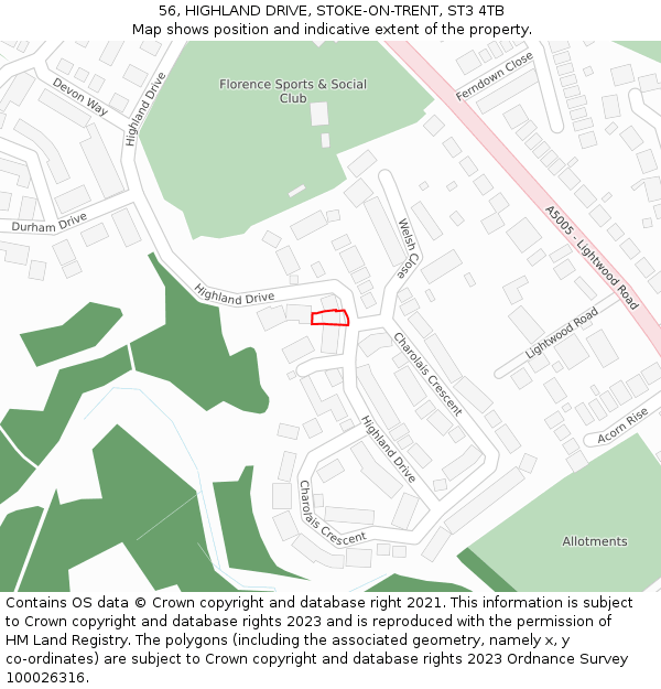 56, HIGHLAND DRIVE, STOKE-ON-TRENT, ST3 4TB: Location map and indicative extent of plot