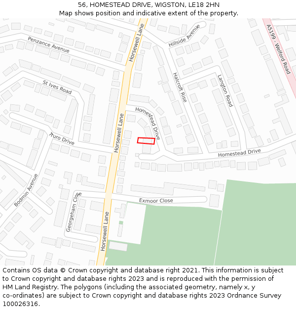 56, HOMESTEAD DRIVE, WIGSTON, LE18 2HN: Location map and indicative extent of plot