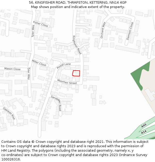 56, KINGFISHER ROAD, THRAPSTON, KETTERING, NN14 4GP: Location map and indicative extent of plot