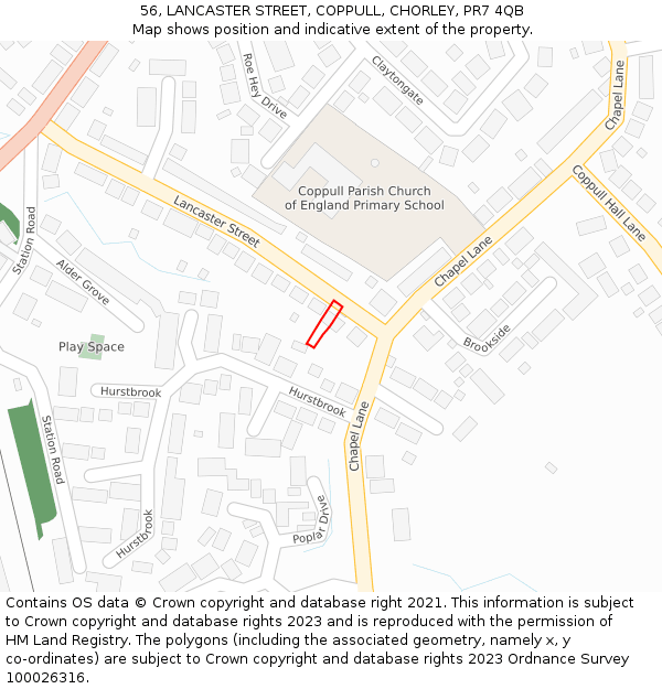 56, LANCASTER STREET, COPPULL, CHORLEY, PR7 4QB: Location map and indicative extent of plot