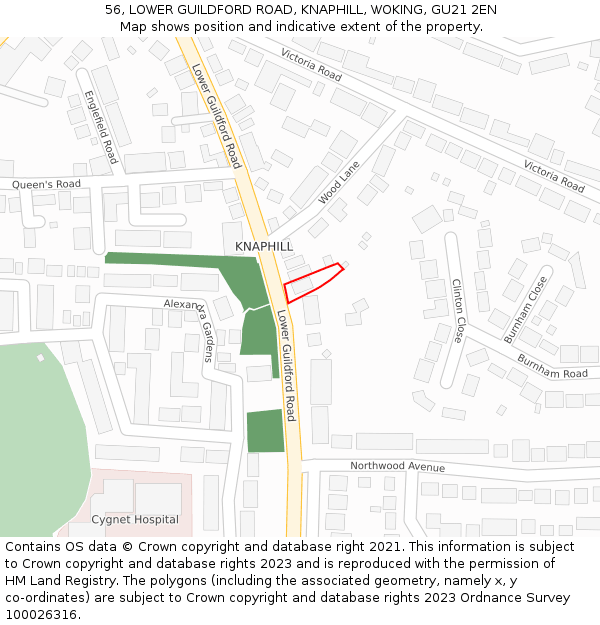 56, LOWER GUILDFORD ROAD, KNAPHILL, WOKING, GU21 2EN: Location map and indicative extent of plot