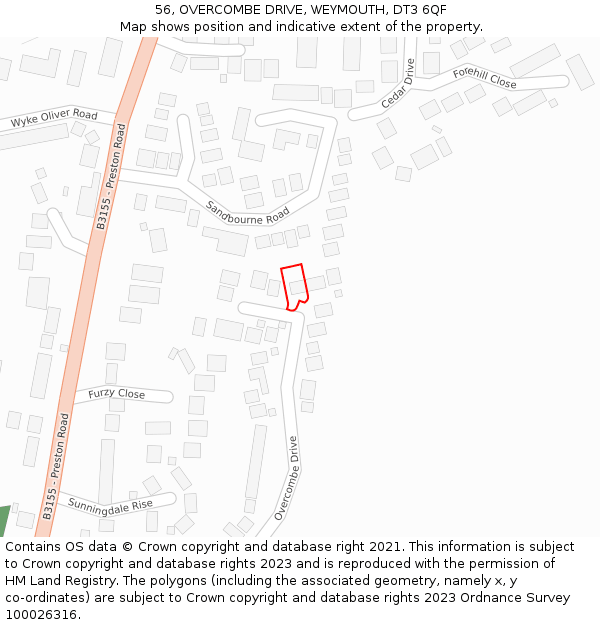 56, OVERCOMBE DRIVE, WEYMOUTH, DT3 6QF: Location map and indicative extent of plot