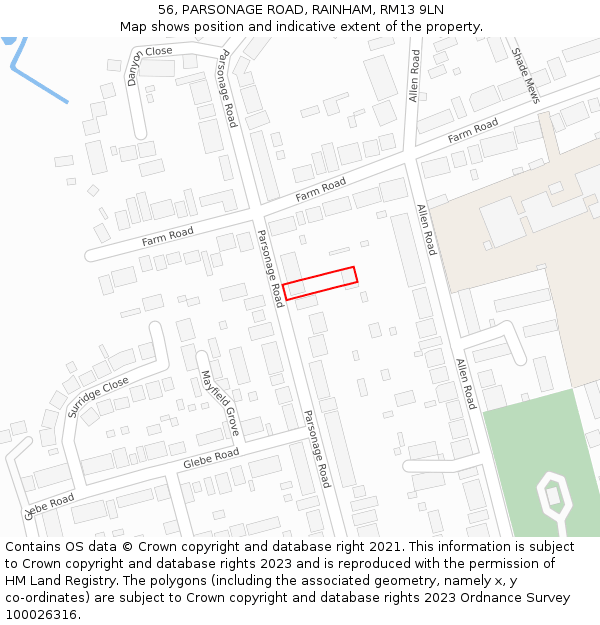 56, PARSONAGE ROAD, RAINHAM, RM13 9LN: Location map and indicative extent of plot