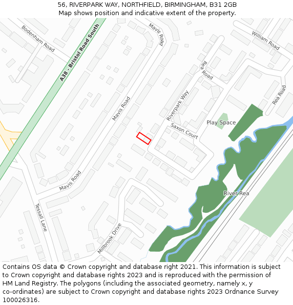 56, RIVERPARK WAY, NORTHFIELD, BIRMINGHAM, B31 2GB: Location map and indicative extent of plot